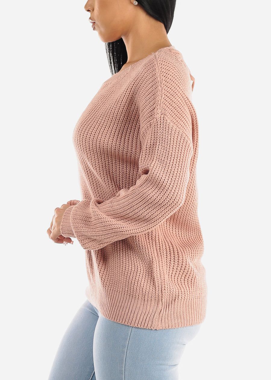 Back Lace Up Knit Long Sleeve Sweater Pink sold by Moda product image thumbnail 3