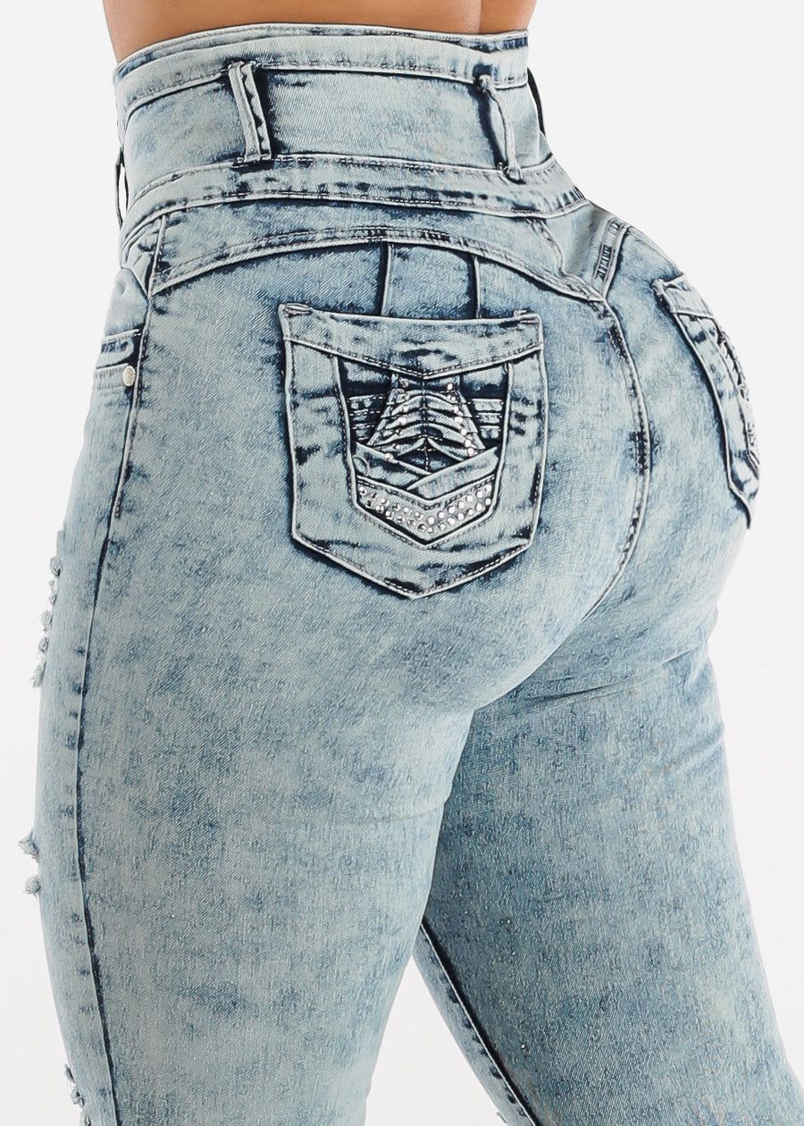 Ultra High Waisted Levanta Cola Skinny Jeans Light Acid Wash sold by Moda