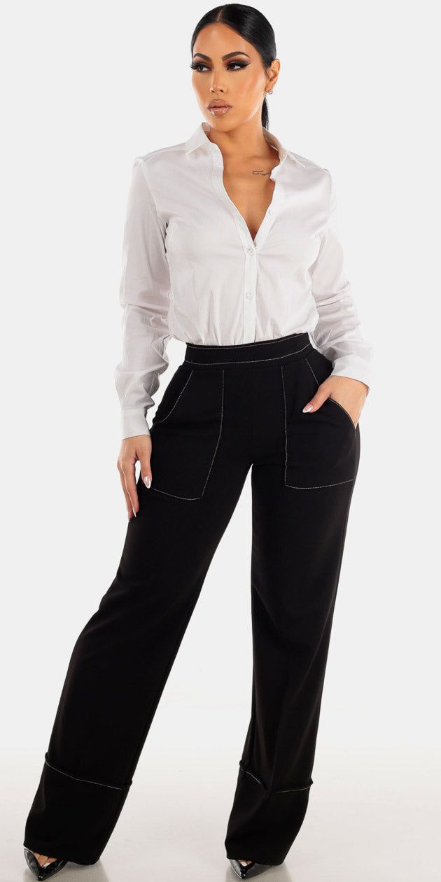 Black Wide Legged Formal Pants with Long Sleeve White Button Up Bodysuit sold by Moda