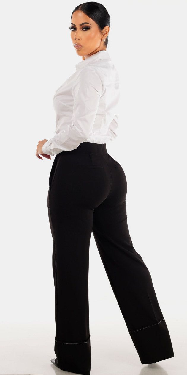 Black Wide Legged Formal Pants with Long Sleeve White Button Up Bodysuit sold by Moda product image thumbnail 2