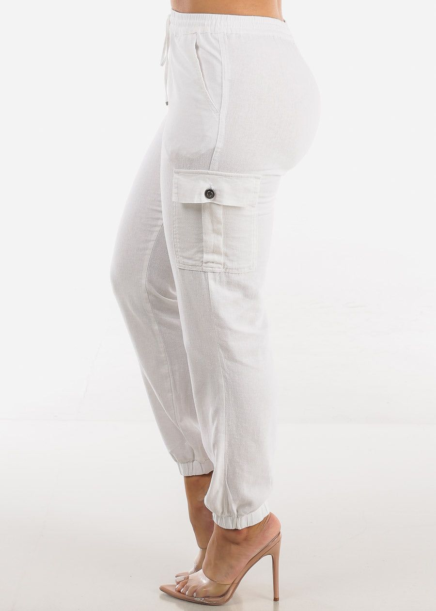 White Linen Drawstring Waist Cargo Joggers sold by Moda product image thumbnail 3