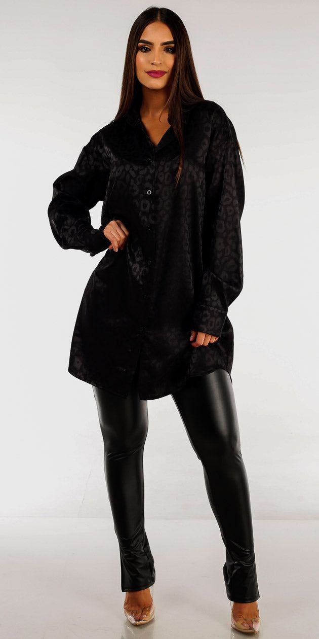 High Rise Black Pleather Skinny Pants with Leopard Oversize Long Sleeve Collar Shirt sold by Moda product image thumbnail 2