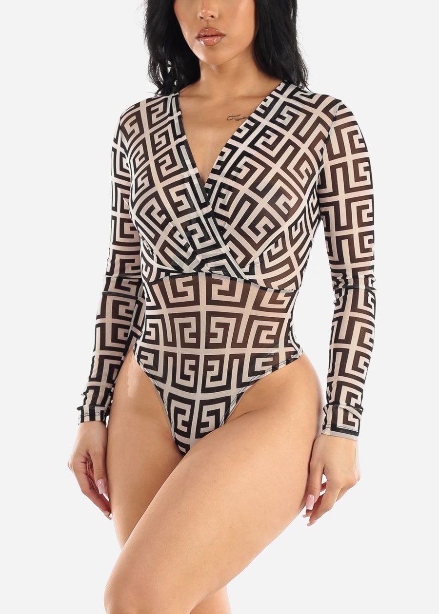 Long Sleeve Printed Mesh Thong Bodysuit White & Black sold by Moda