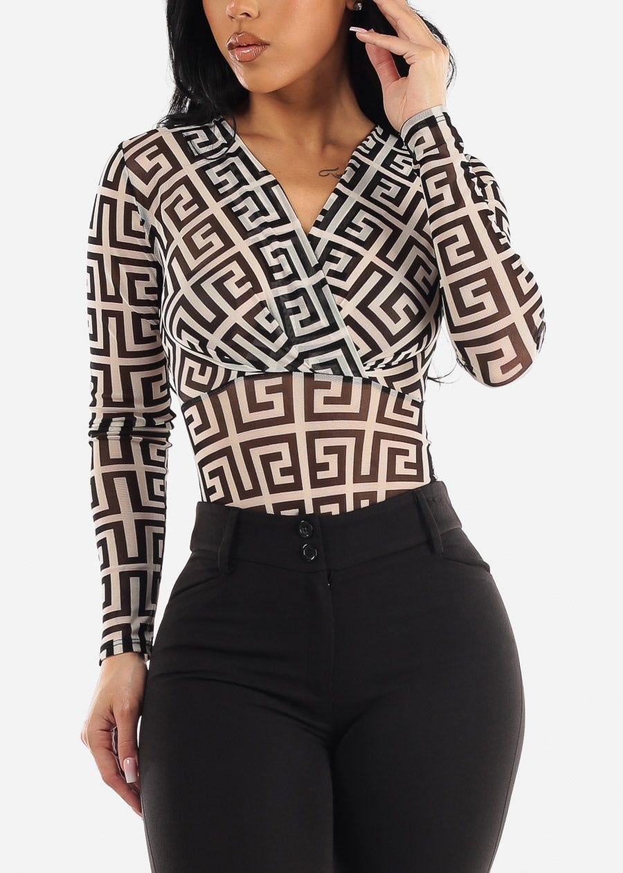 Long Sleeve Printed Mesh Thong Bodysuit White & Black sold by Moda product image thumbnail 5