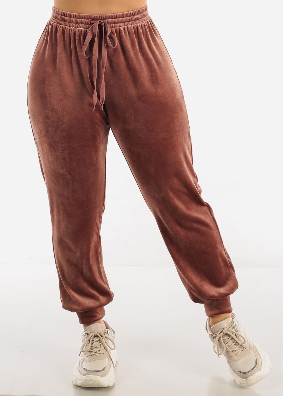 High Waisted Velour Jogger Pants Brown sold by Moda