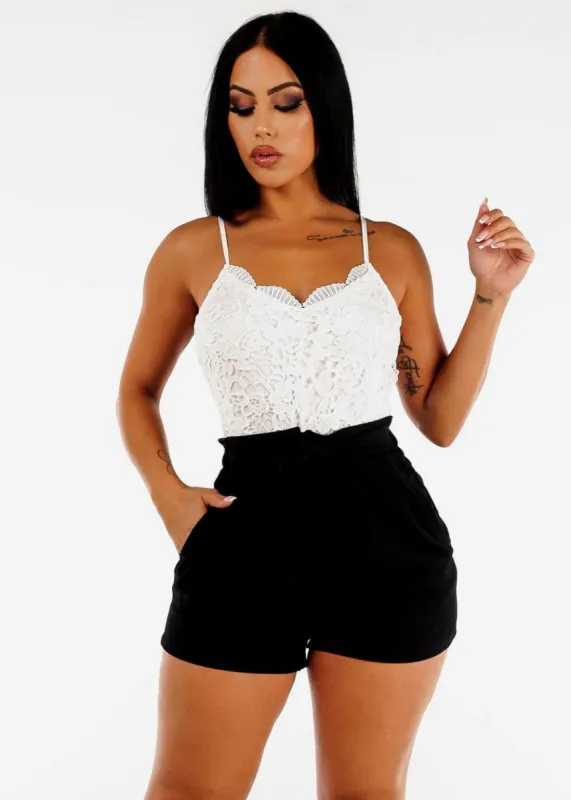 Floral Lace Vneck Cami Romper Black w Pockets sold by Moda