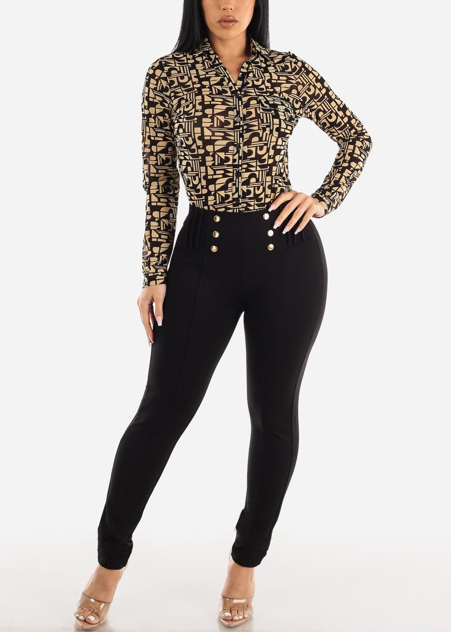 High Waist Black Dressy Skinny Pants w Gold Buttons sold by Moda product image thumbnail 2
