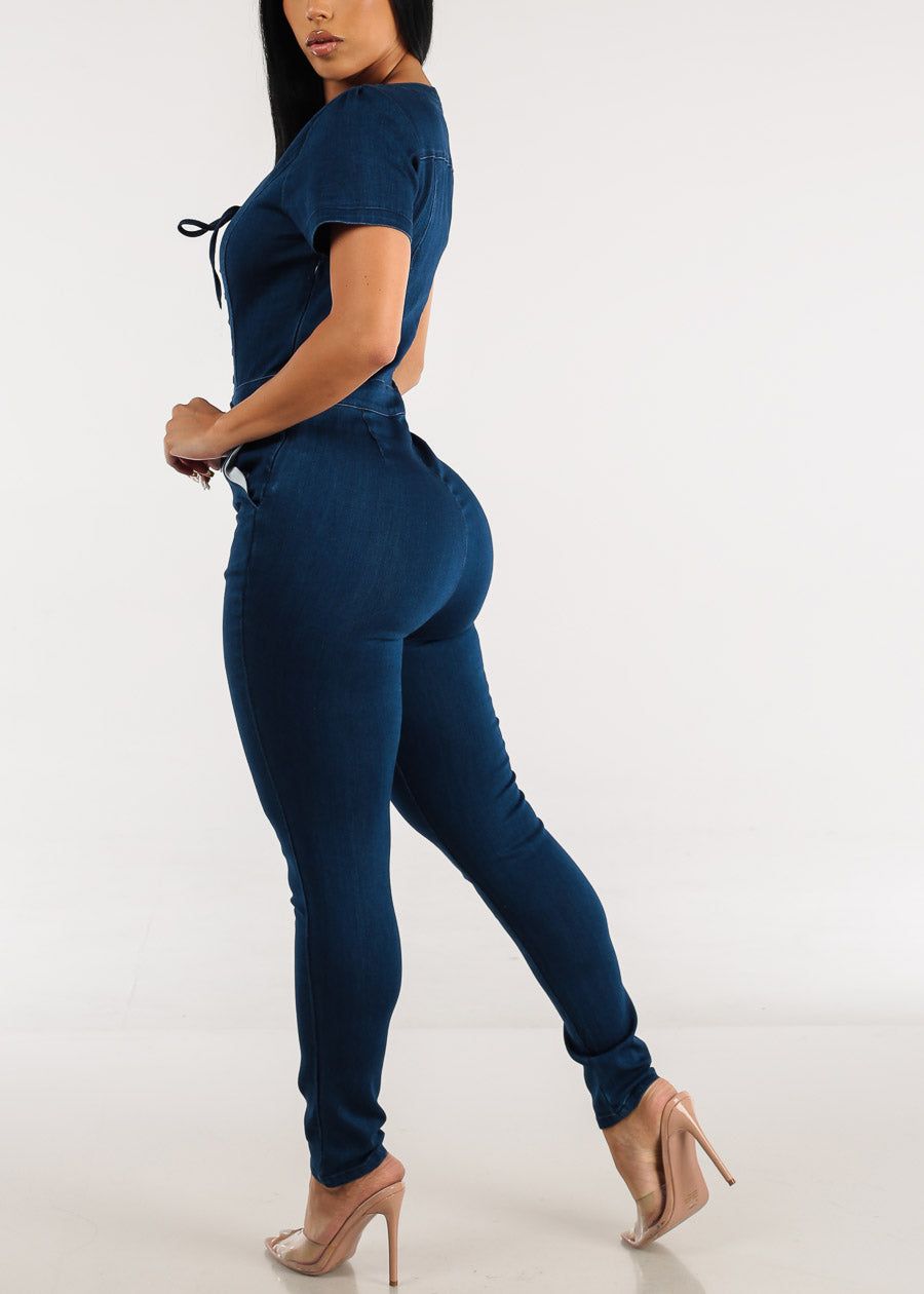 Short Sleeve Lace Up Dark Wash Skinny Denim Jumpsuit sold by Moda product image thumbnail 4