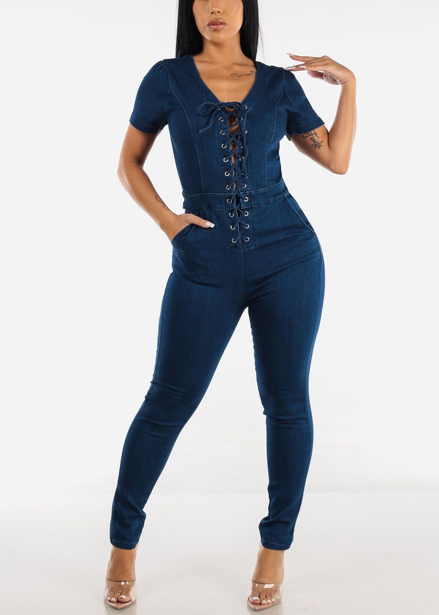 Short Sleeve Lace Up Dark Wash Skinny Denim Jumpsuit sold by Moda