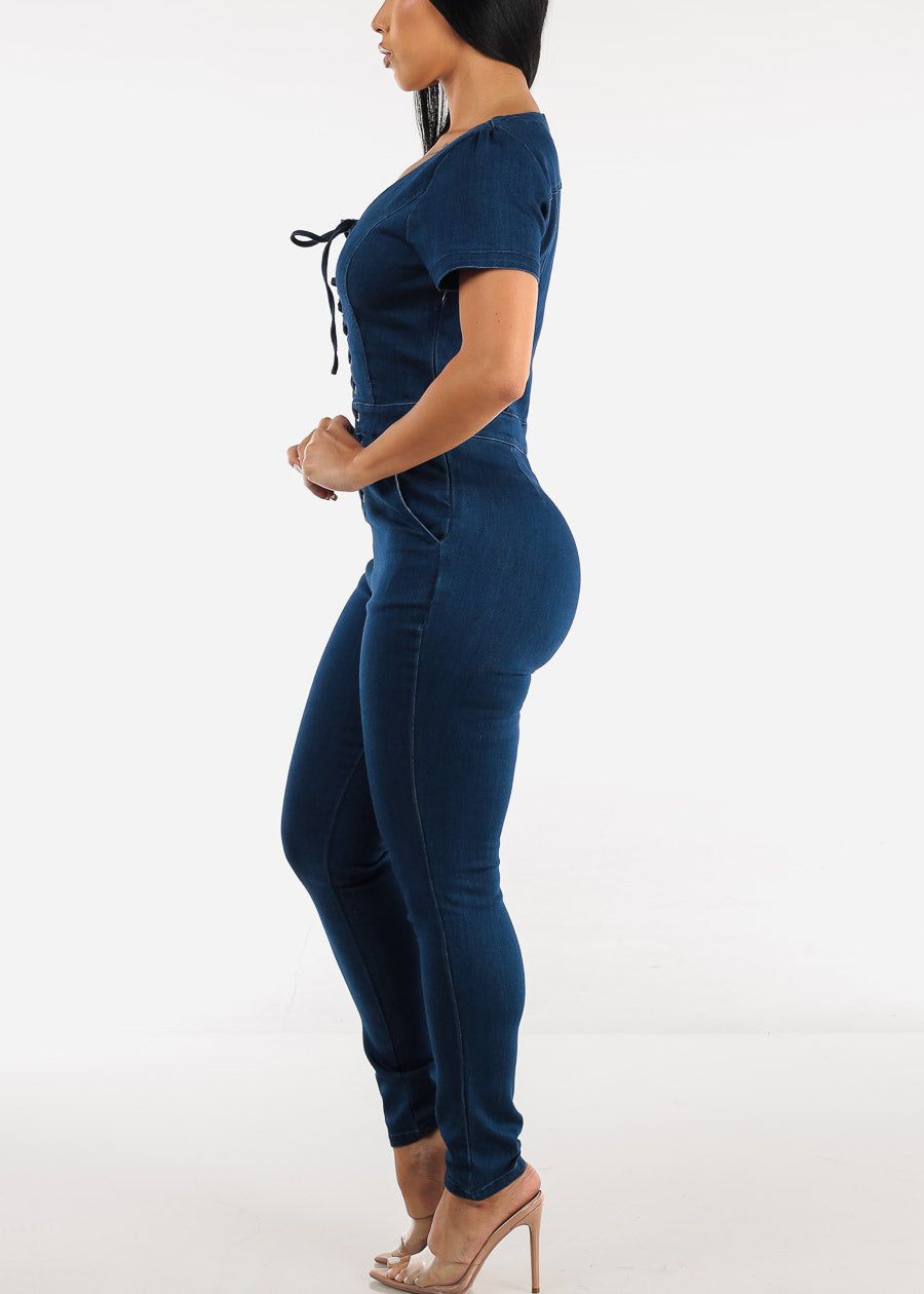 Short Sleeve Lace Up Dark Wash Skinny Denim Jumpsuit sold by Moda product image thumbnail 2