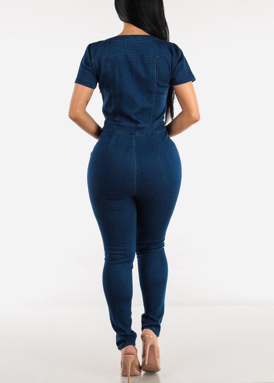 Short Sleeve Lace Up Dark Wash Skinny Denim Jumpsuit sold by Moda product image thumbnail 3