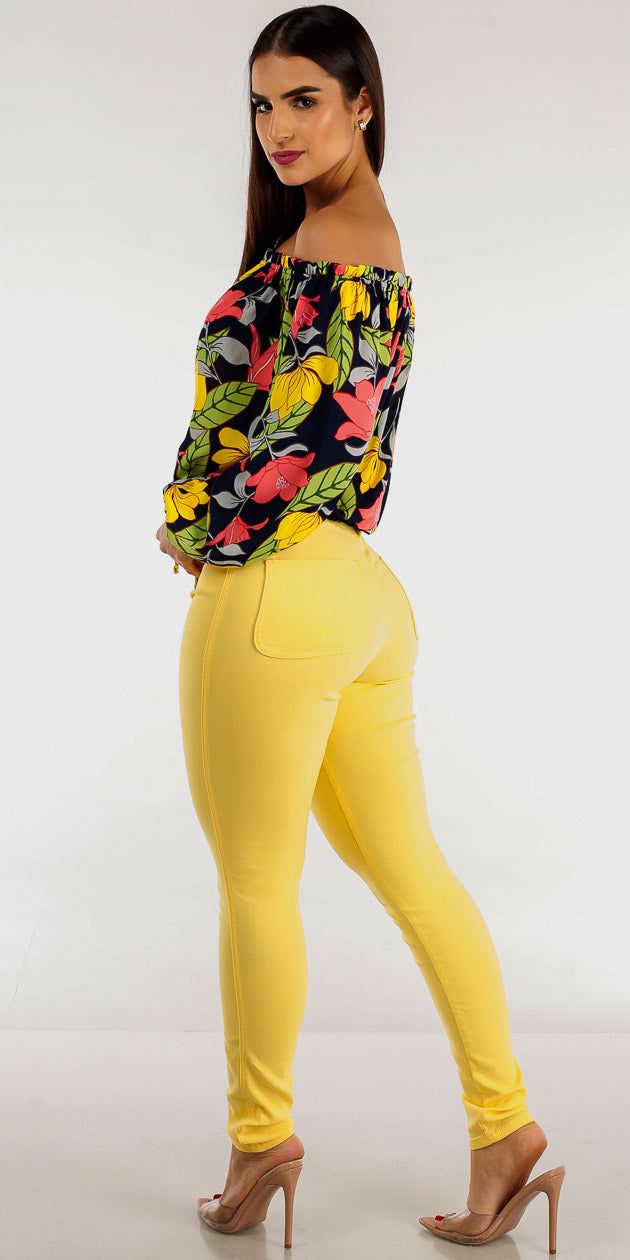 Yellow High Rise Hyper Stretch Skinny Pants with Navy Off Shoulder Floral Chiffon Top sold by Moda product image thumbnail 2