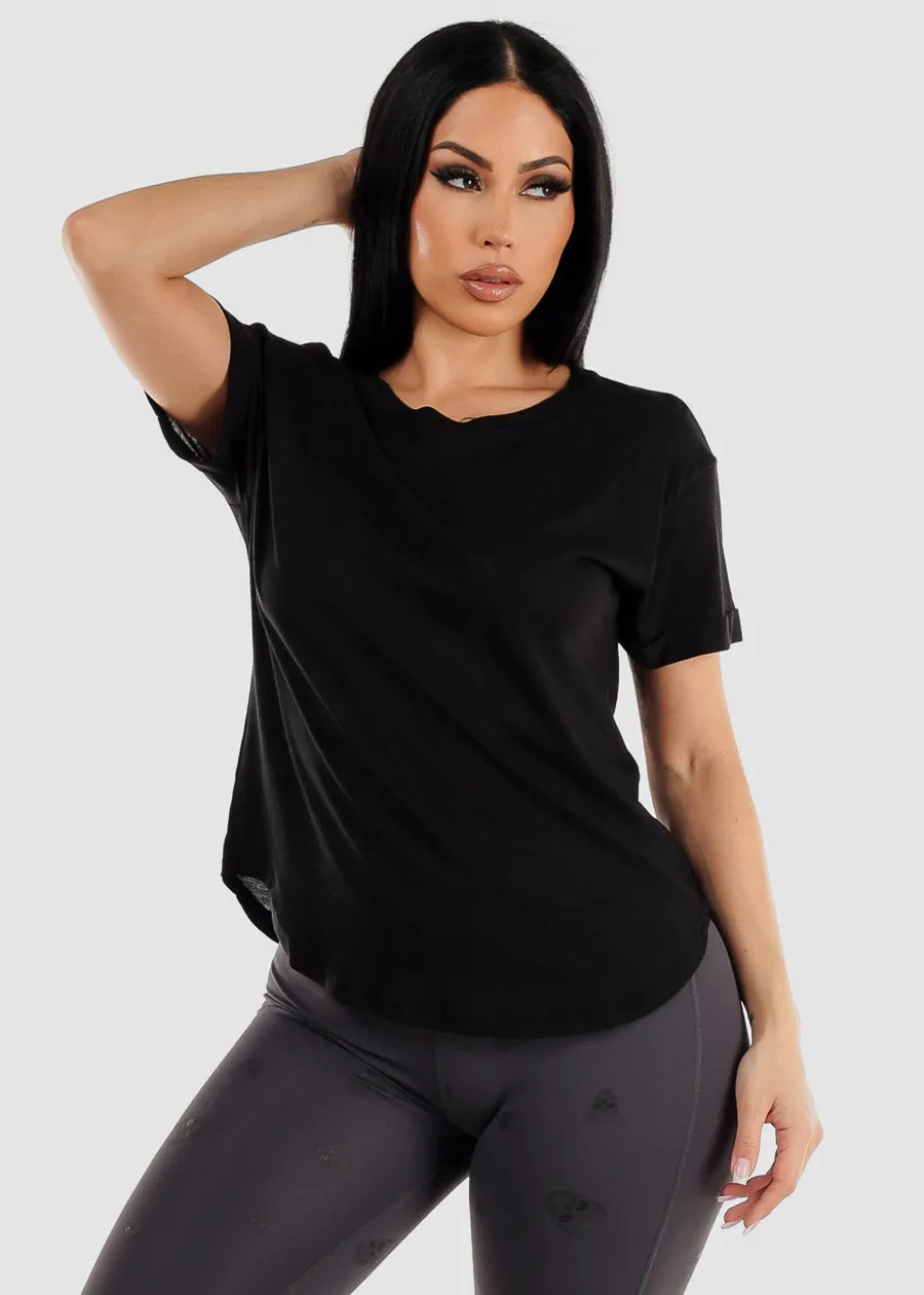 Black Cuffed Short Sleeve Round Hem Oversized Top sold by Moda