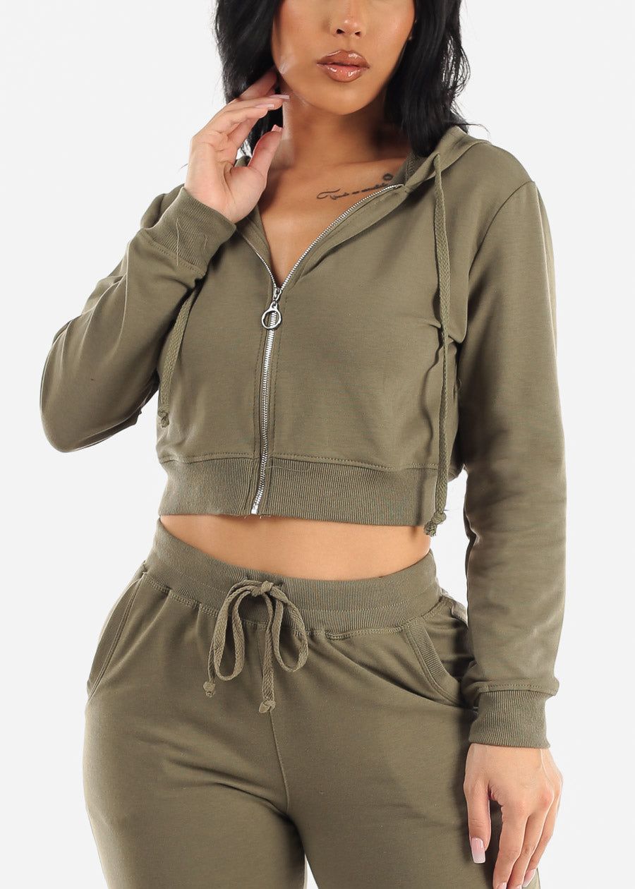 Long Sleeve Zip Up Cropped Hoodie Olive sold by Moda