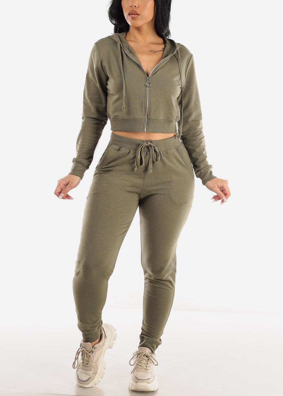Long Sleeve Zip Up Cropped Hoodie Olive sold by Moda product image thumbnail 2