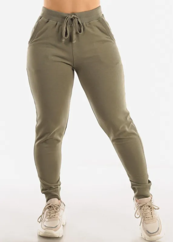 Drawstring Waist French Terry Jogger Pants Olive sold by Moda