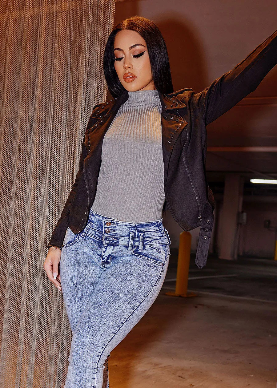 Long Sleeve Mock Neck Ribbed Sweater Grey sold by Moda product image thumbnail 2