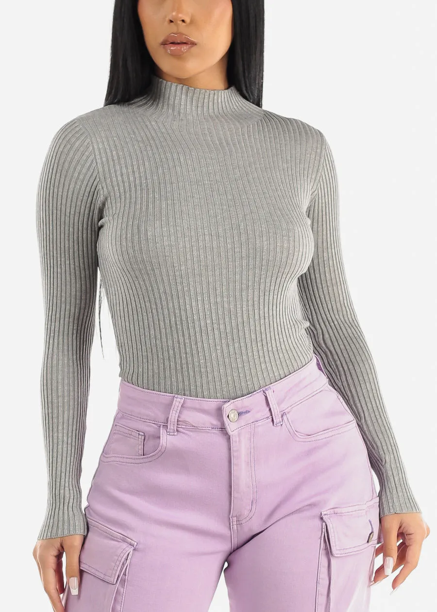 Long Sleeve Mock Neck Ribbed Sweater Grey sold by Moda