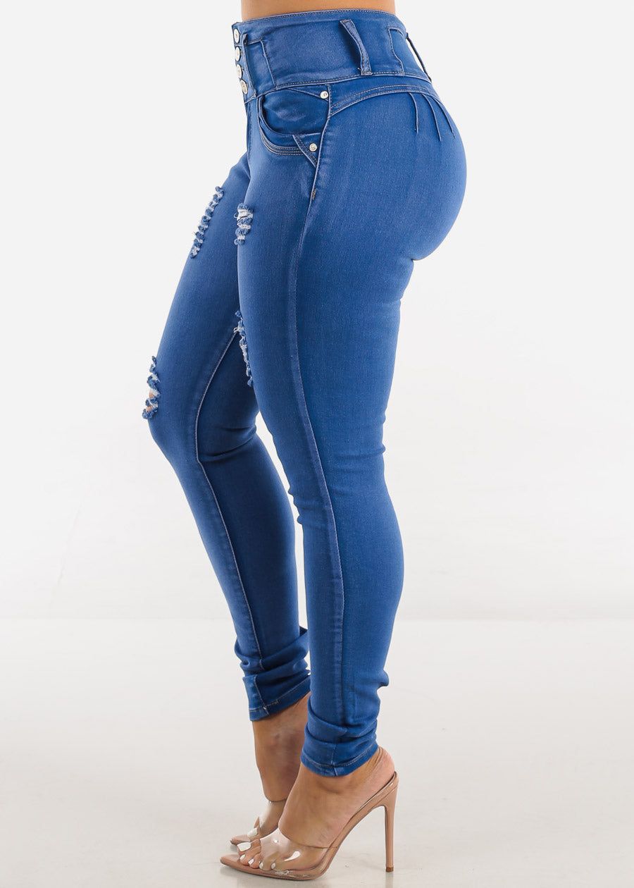 Ripped High Waisted Butt Lift Skinny Jeans Royal Blue sold by Moda product image thumbnail 4