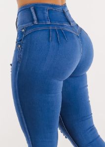 Ripped High Waisted Butt Lift Skinny Jeans Royal Blue sold by Moda