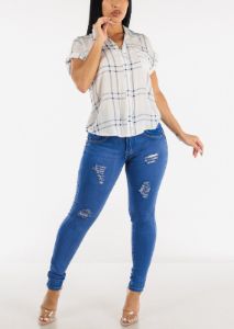 Ripped High Waisted Butt Lift Skinny Jeans Royal Blue sold by Moda