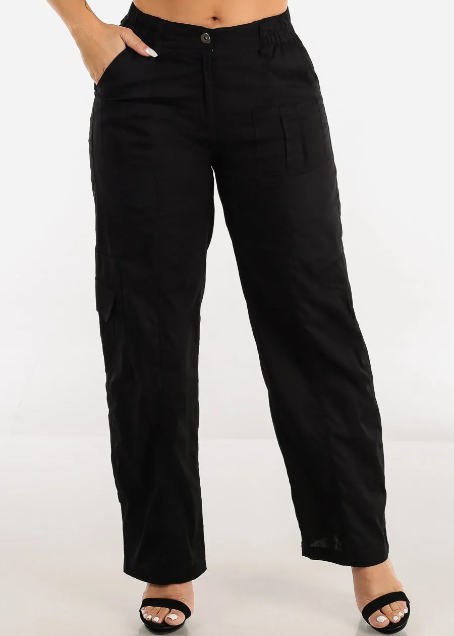 Black High Waisted Straight Wide Leg Cargo Pants sold by Moda