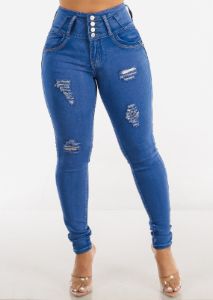 Ripped High Waisted Butt Lift Skinny Jeans Royal Blue sold by Moda