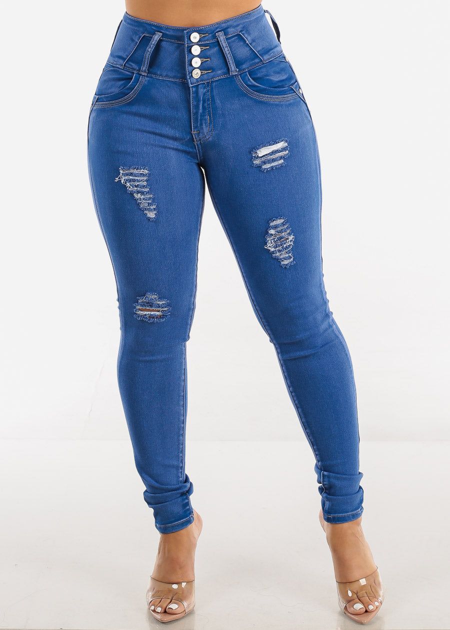 Ripped High Waisted Butt Lift Skinny Jeans Royal Blue sold by Moda product image thumbnail 3