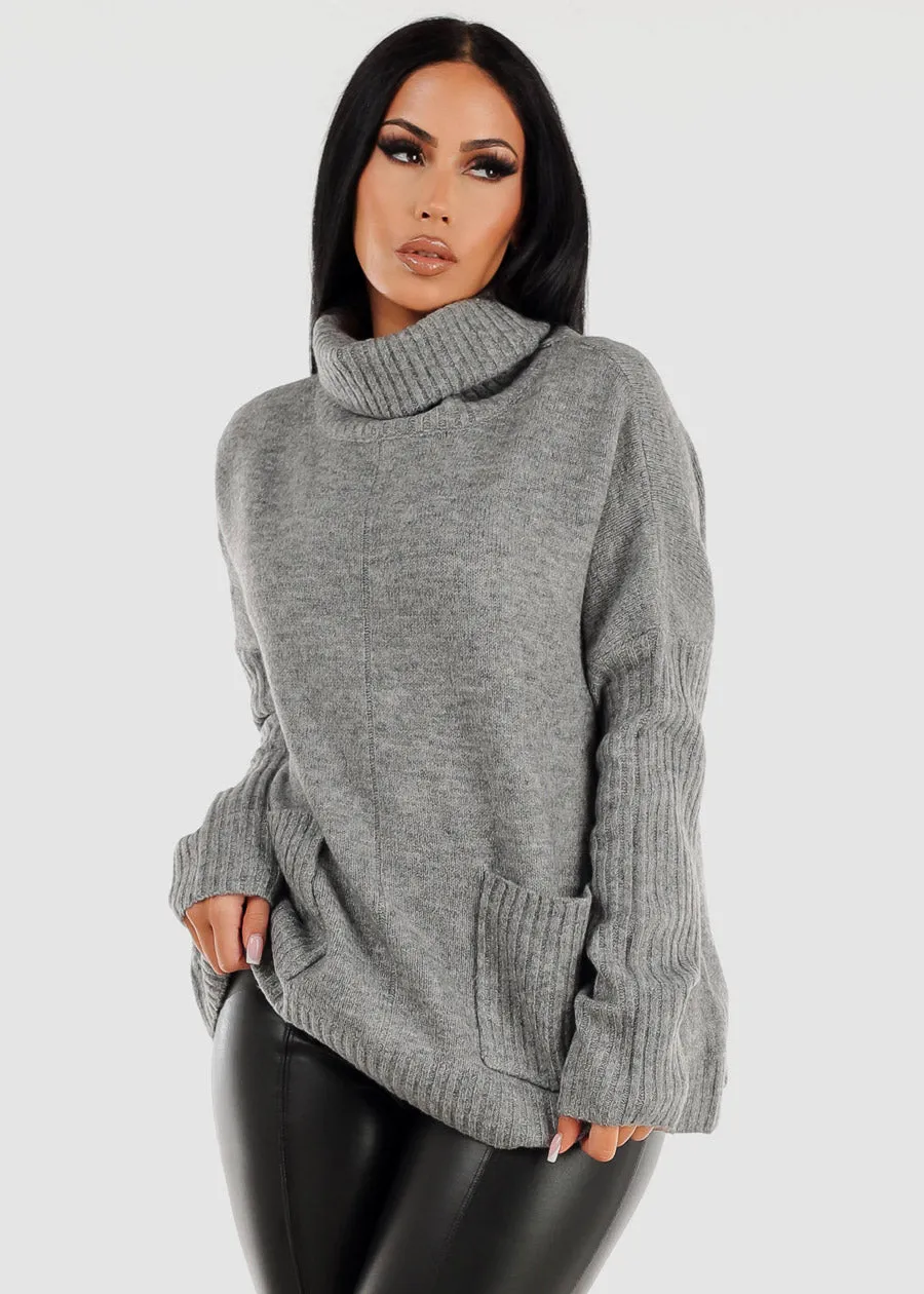 Tunic Turtleneck Knit Long Sleeve Sweater Grey w Pockets sold by Moda