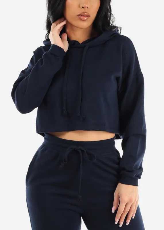Long Sleeve Fleece Cropped Hoodie Navy made by Moda
