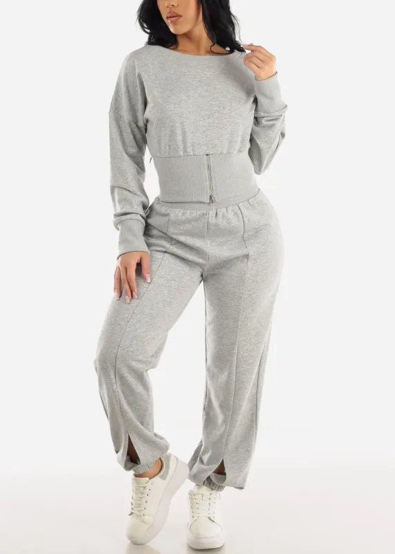 Long Sleeve Sweatshirt & High Waist Jogger Pants Grey (2 PCE SET) sold by Moda