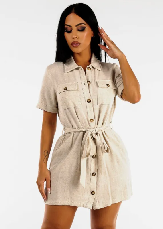 Short Sleeve Button Down Belted Mini Dress Oatmeal sold by Moda