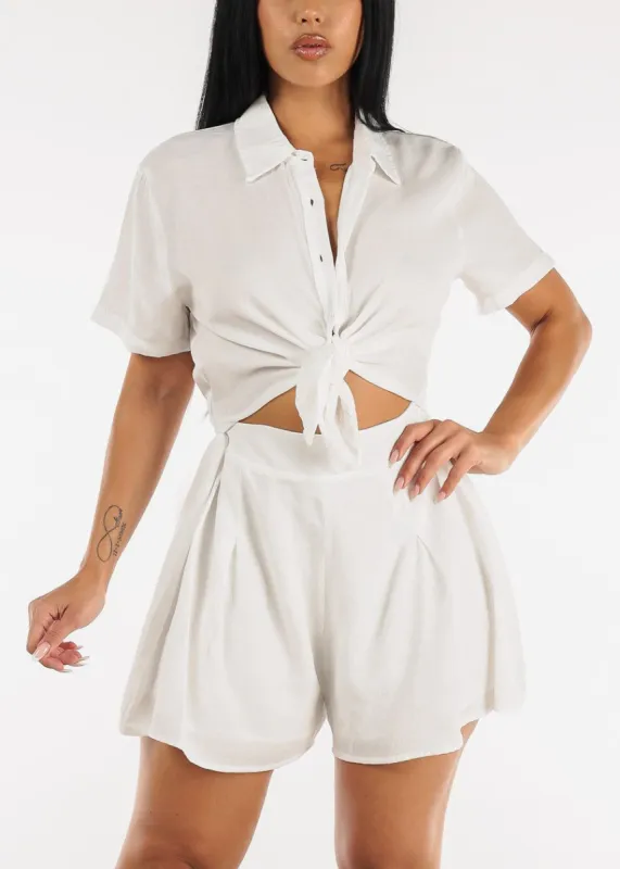 Short Sleeve Button Up Cut Out Romper Off White w Tie Front made by Moda
