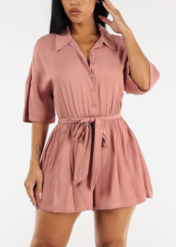 Short Sleeve Button Up Romper Mauve w Tie Belt sold by Moda