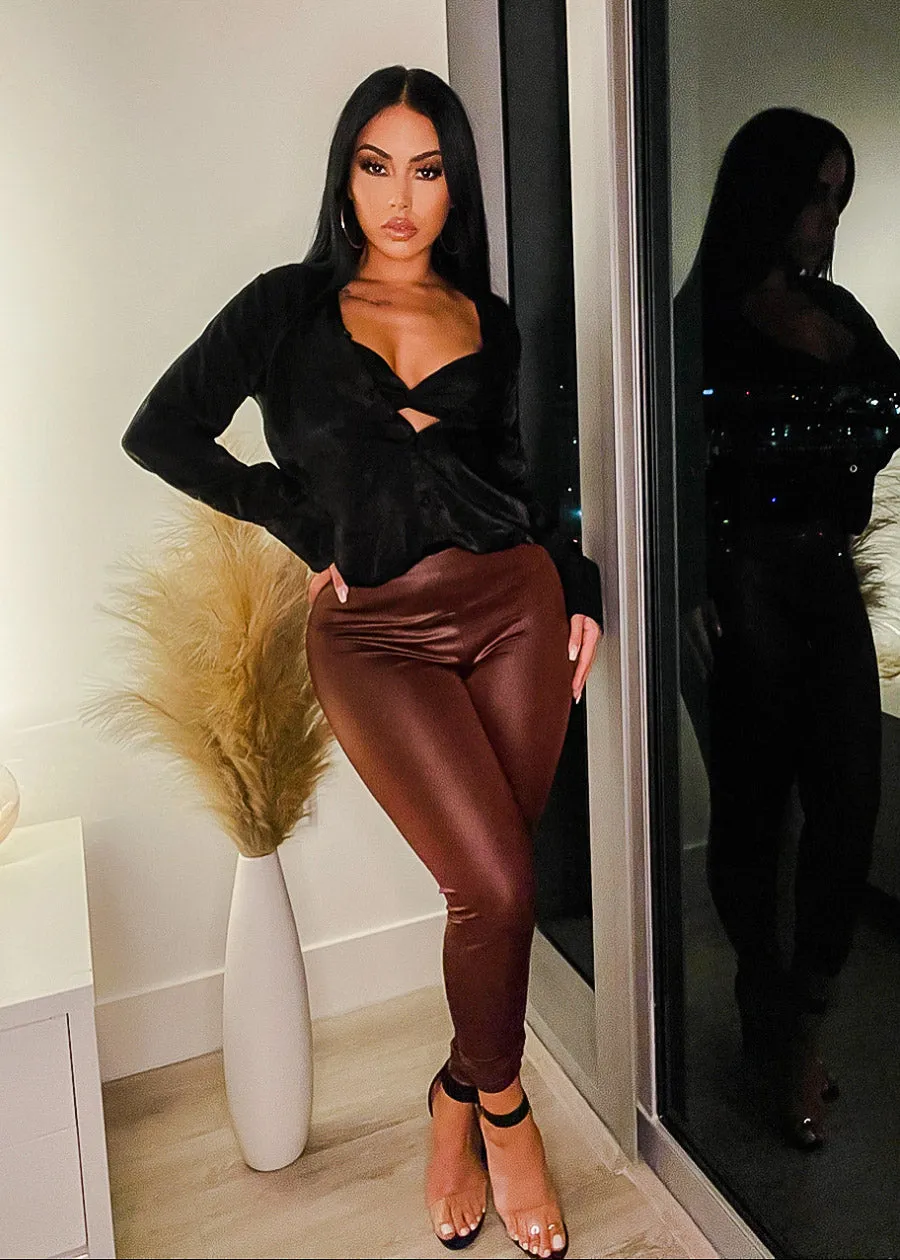 Ruched Butt Brown Pleather Leggings sold by Moda product image thumbnail 3
