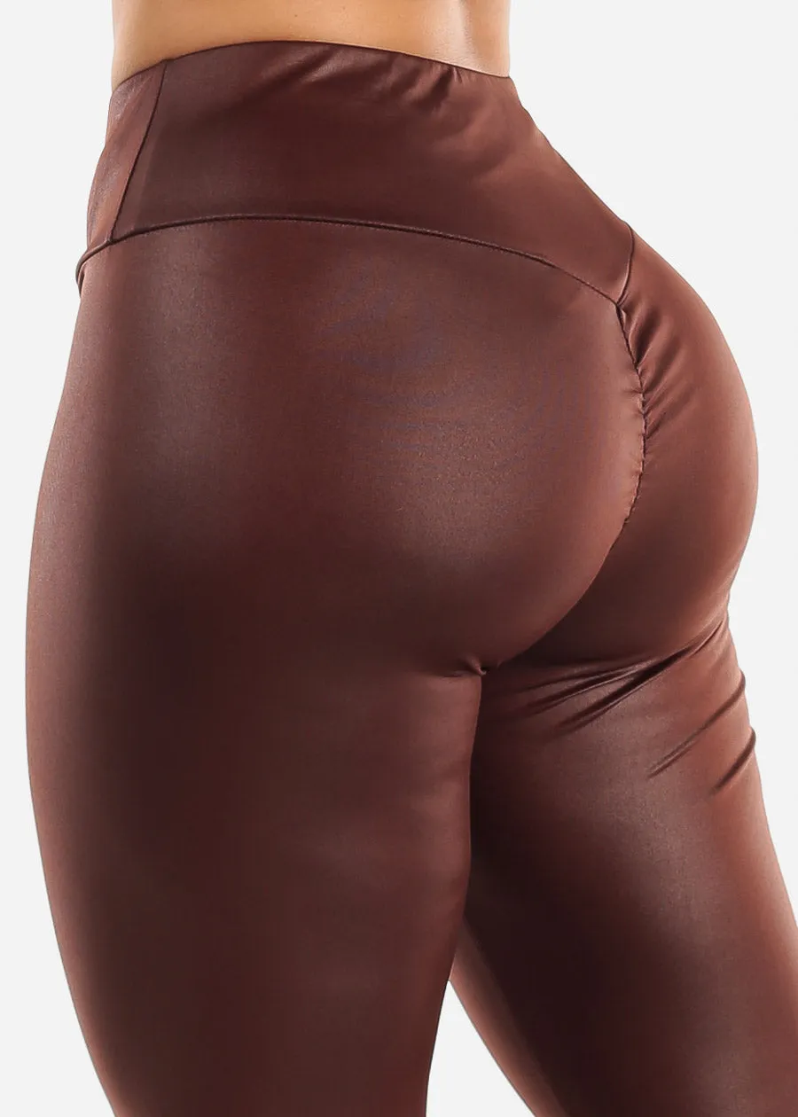 Ruched Butt Brown Pleather Leggings sold by Moda