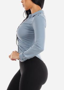 Long Sleeve Button Down Ruched Collared Blouse Light Blue sold by Moda