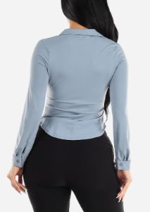 Long Sleeve Button Down Ruched Collared Blouse Light Blue sold by Moda