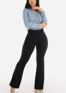 Long Sleeve Button Down Ruched Collared Blouse Light Blue sold by Moda