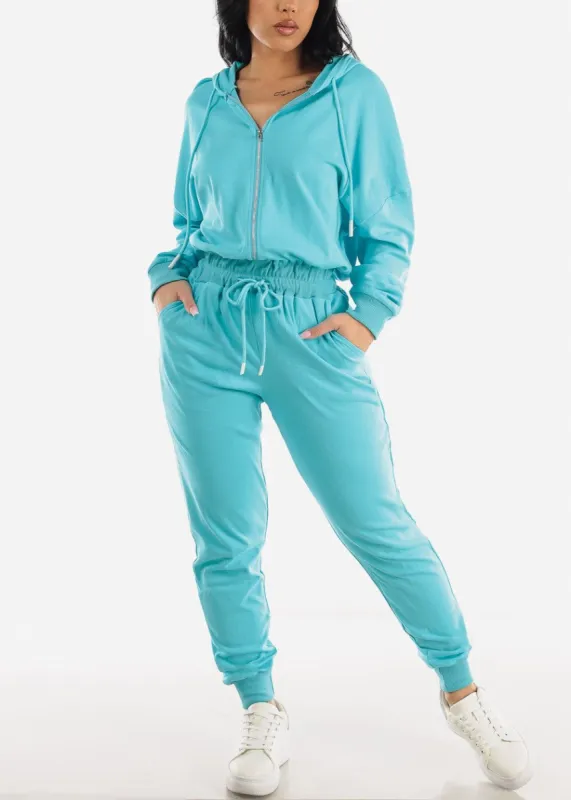 Drawstring Waist Long Sleeve Hooded Jumpsuit Sky Blue sold by Moda