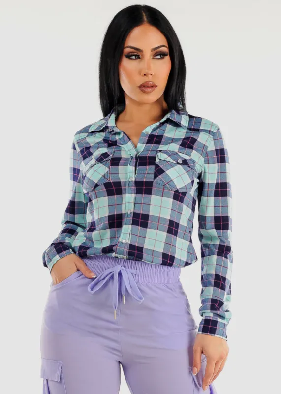 Long Sleeve Snap Button Plaid Shirt Aqua & Blue sold by Moda