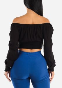 Black Off Shoulder Peasant Crop Top sold by Moda