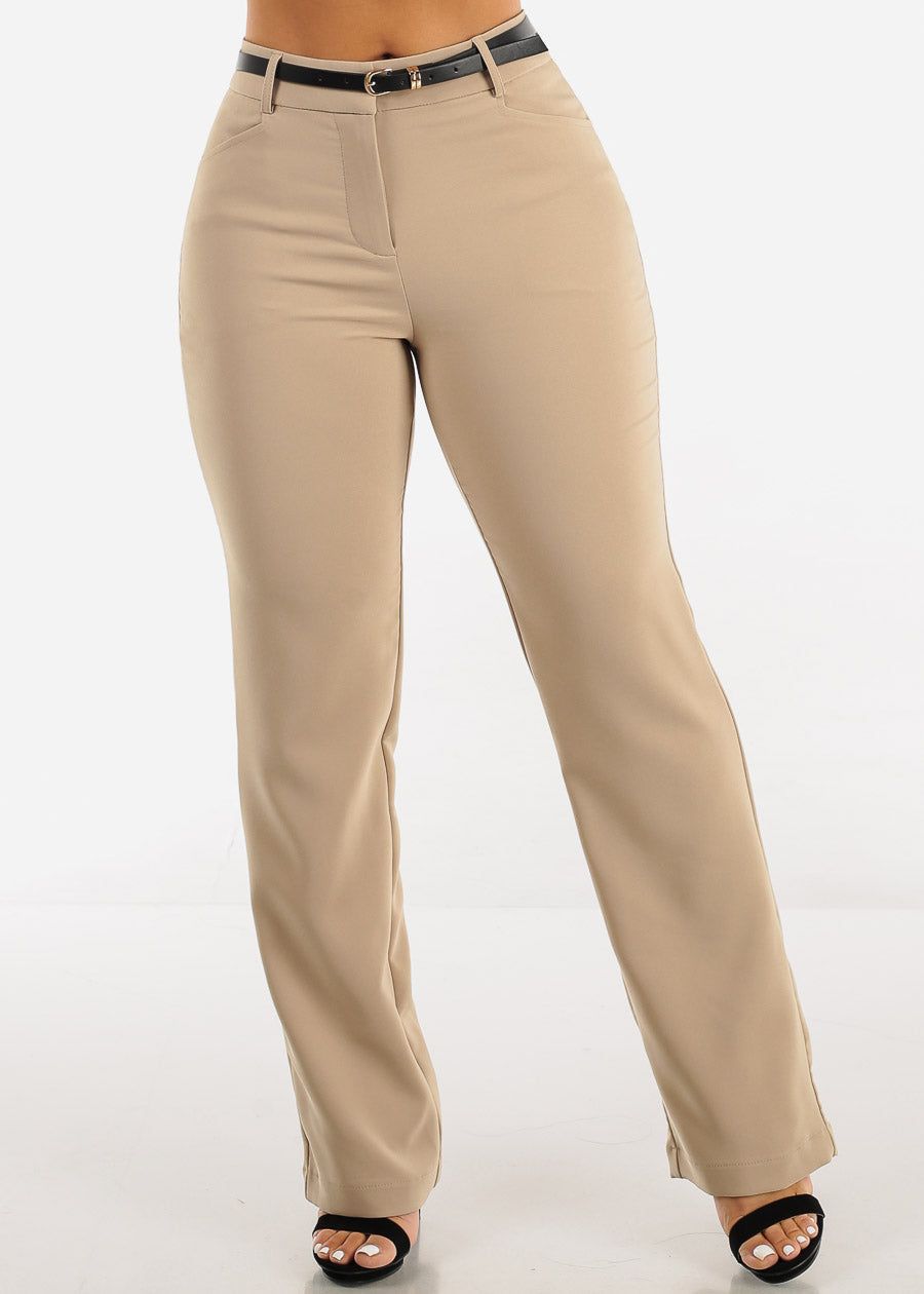 High Waist Bootcut Dress Pants Taupe w Belt sold by Moda