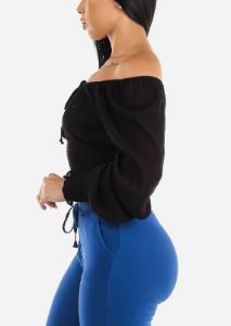 Black Off Shoulder Peasant Crop Top sold by Moda
