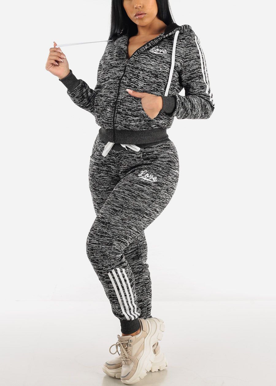 Printed Fleece Zip Up Hoodie & Jogger Sweatpants Charcoal ( 2 PCE SET) sold by Moda