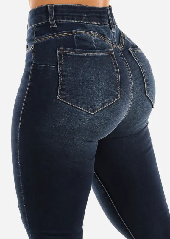 Butt Lift High Waist Distressed Skinny Jeans Dark Blue sold by Moda