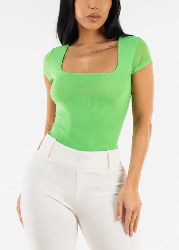 Short Sleeve Square Neck Mesh Crop Top Neon Green sold by Moda