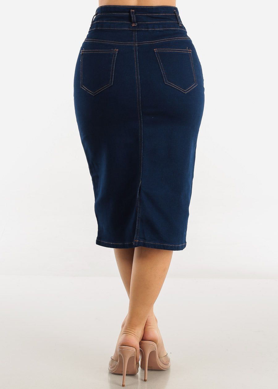 High Waist 3 Button Dark Blue Denim Pencil Skirt sold by Moda product image thumbnail 4