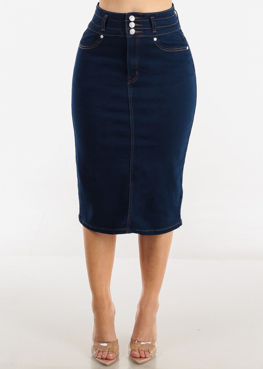 High Waist 3 Button Dark Blue Denim Pencil Skirt sold by Moda