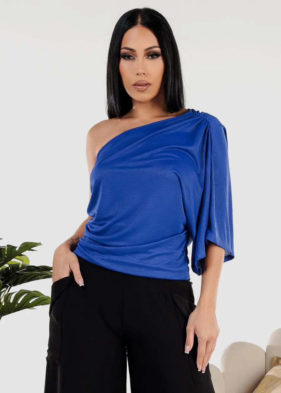 One Shoulder Royal Blue Stretchy Blouse sold by Moda